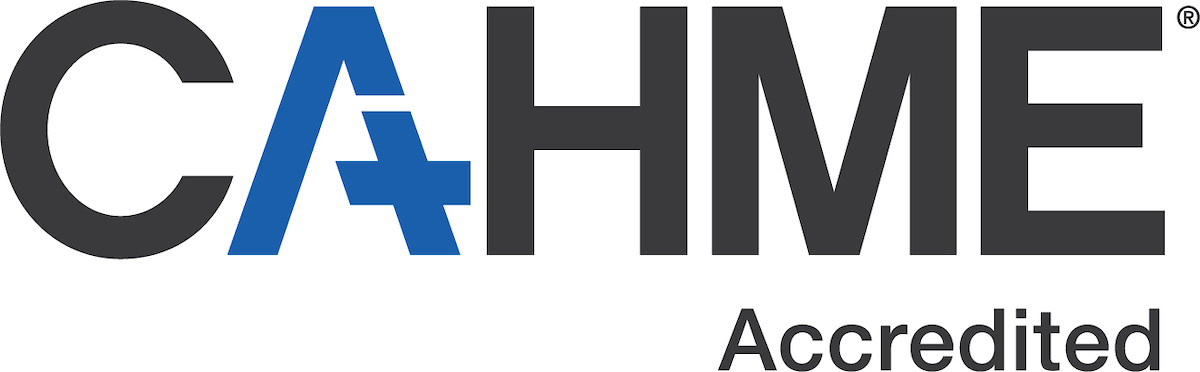 logo for the Commission on the Accreditation of Healthcare Management Education. Black letters spell out CAHME. The A has a plus going through the right arch.