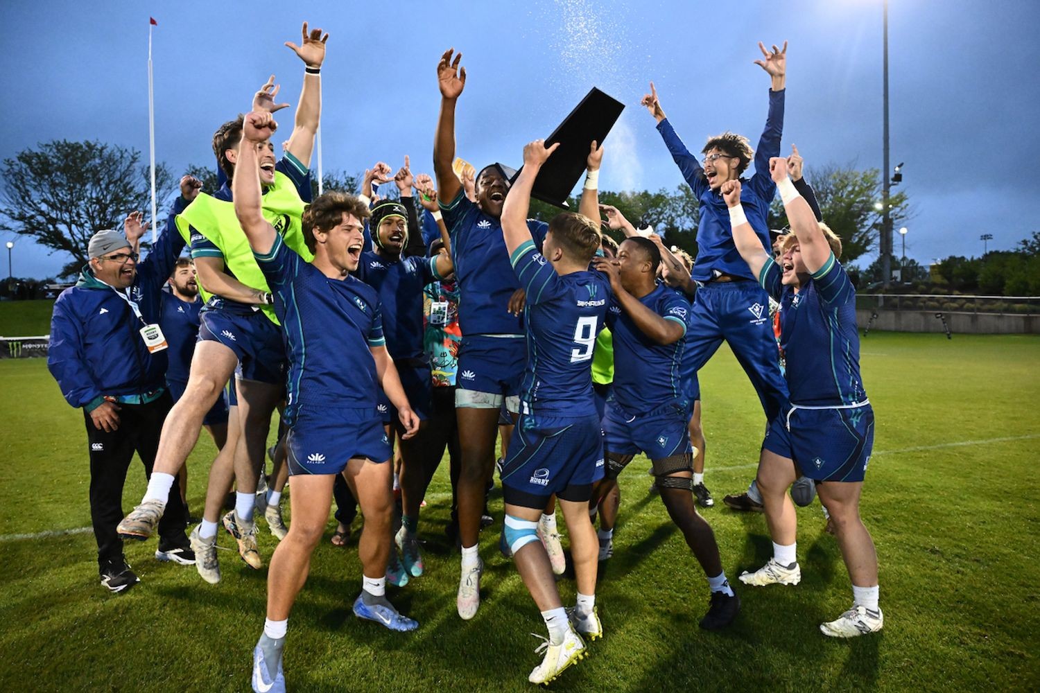 The UNCW men’s rugby club team celebrates after the 2026 Men’s Division II 7’s National Championship.