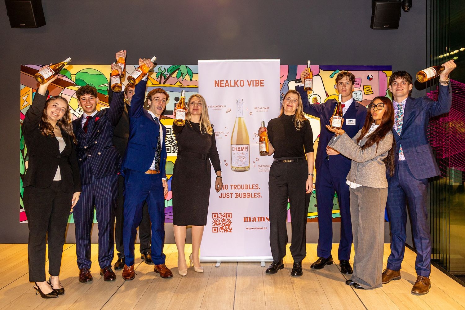 Students celebrate with business clients in Prague after their consultancy project final presentations.