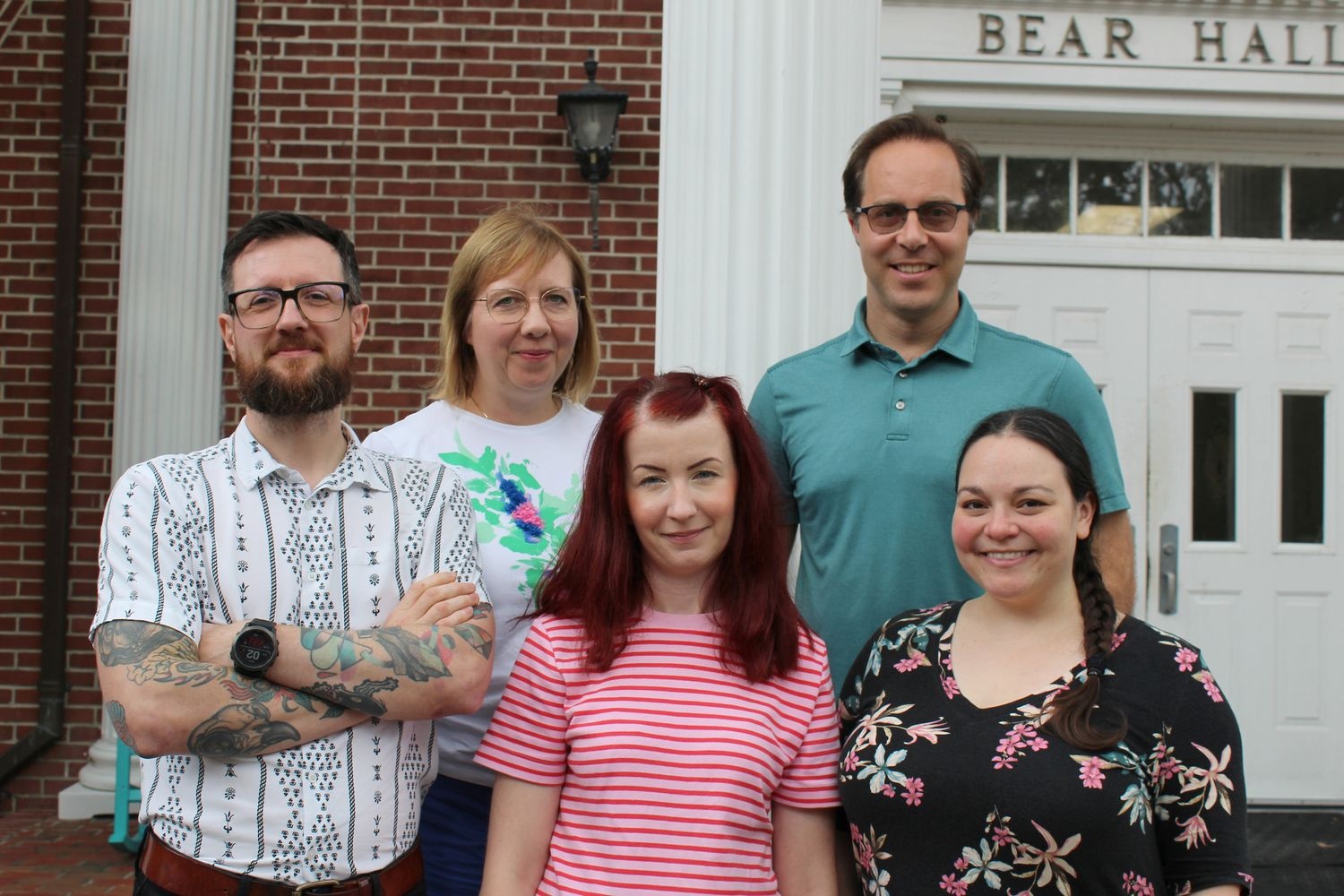 Part of the Polish-Ukrainian research team stands in front of Bear Hall. From left: Kamil Kaźmierski, Anna Balas, Ewelina Wojtkawiak, Ryan Lidster and Danielle Daidone