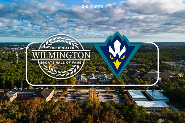 Greater Wilmington Sports Hall of Fame and UNCW Athletcs logos atop an aerial view of UNCW's campus