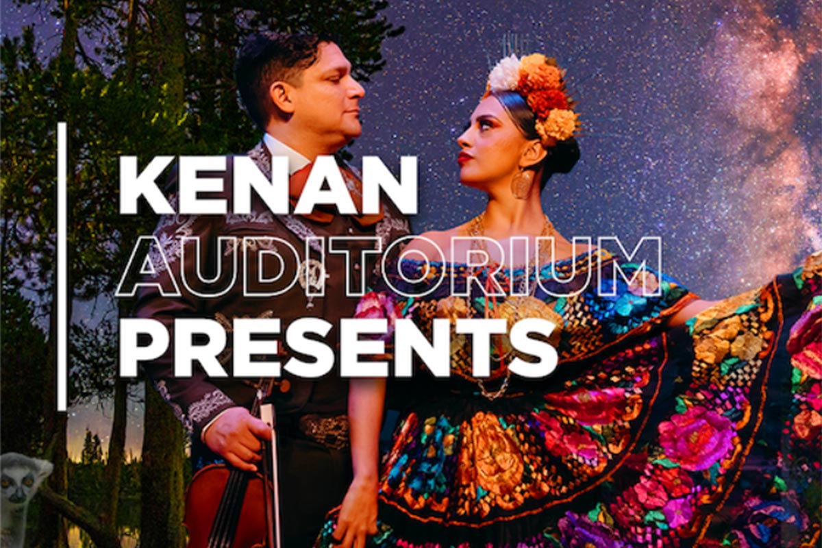 Performers from Eternamente: A Día de los Muertos Spectacular! behind the words "Kenan Auditorium Presents"