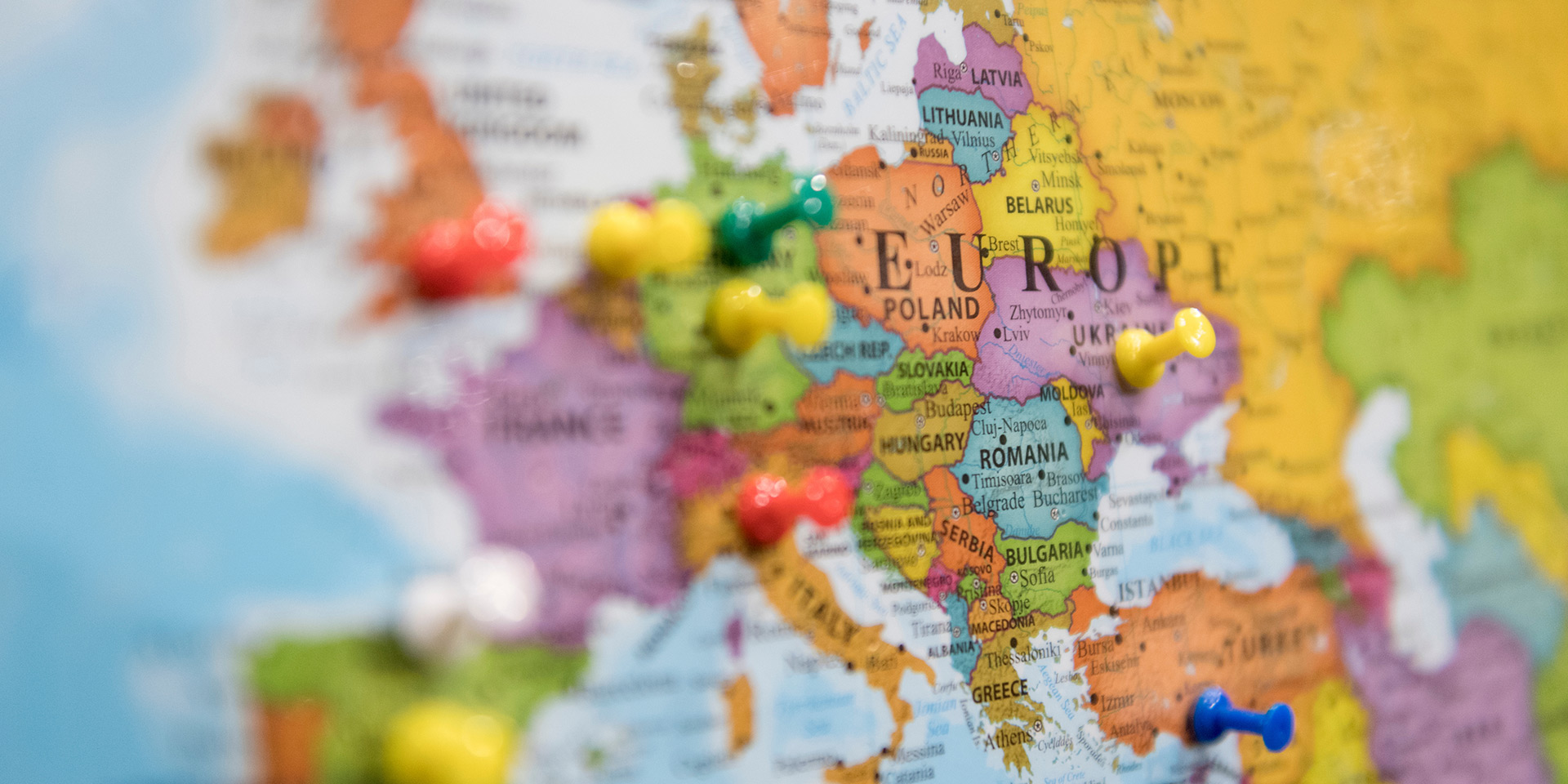Close up of a map of Europe