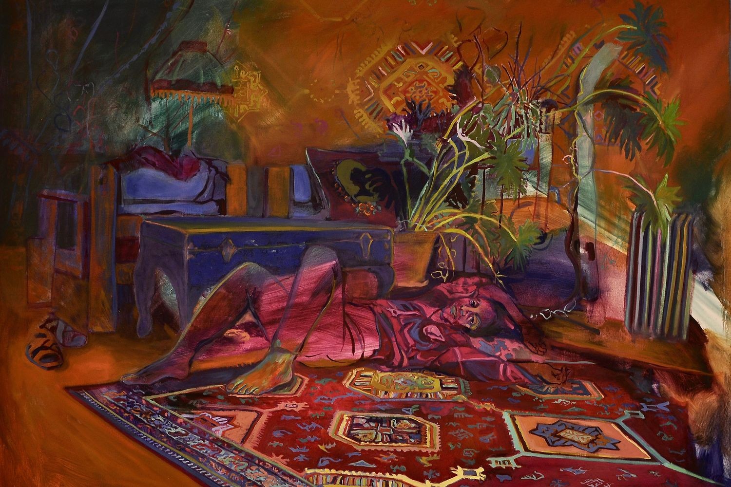 Shabnam Jannesari's painting titled "Never let me go" depicts a translucent figure sprawled in a colorful interior setting