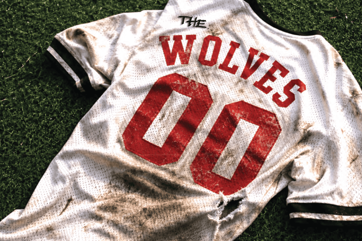 A tattered jersey lies on the grass