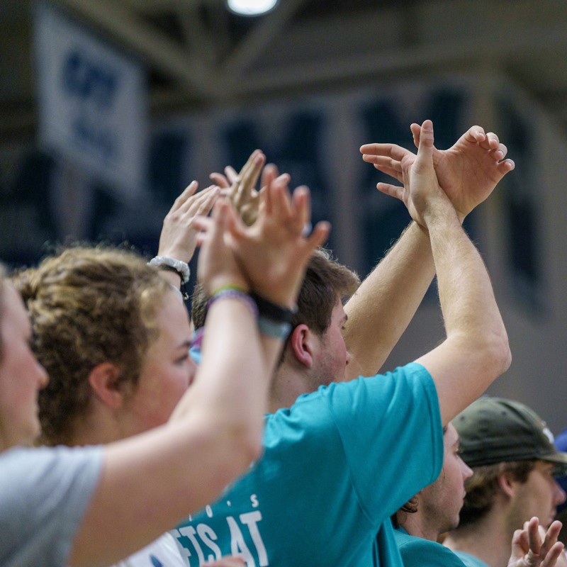 Students holding up hands as wings