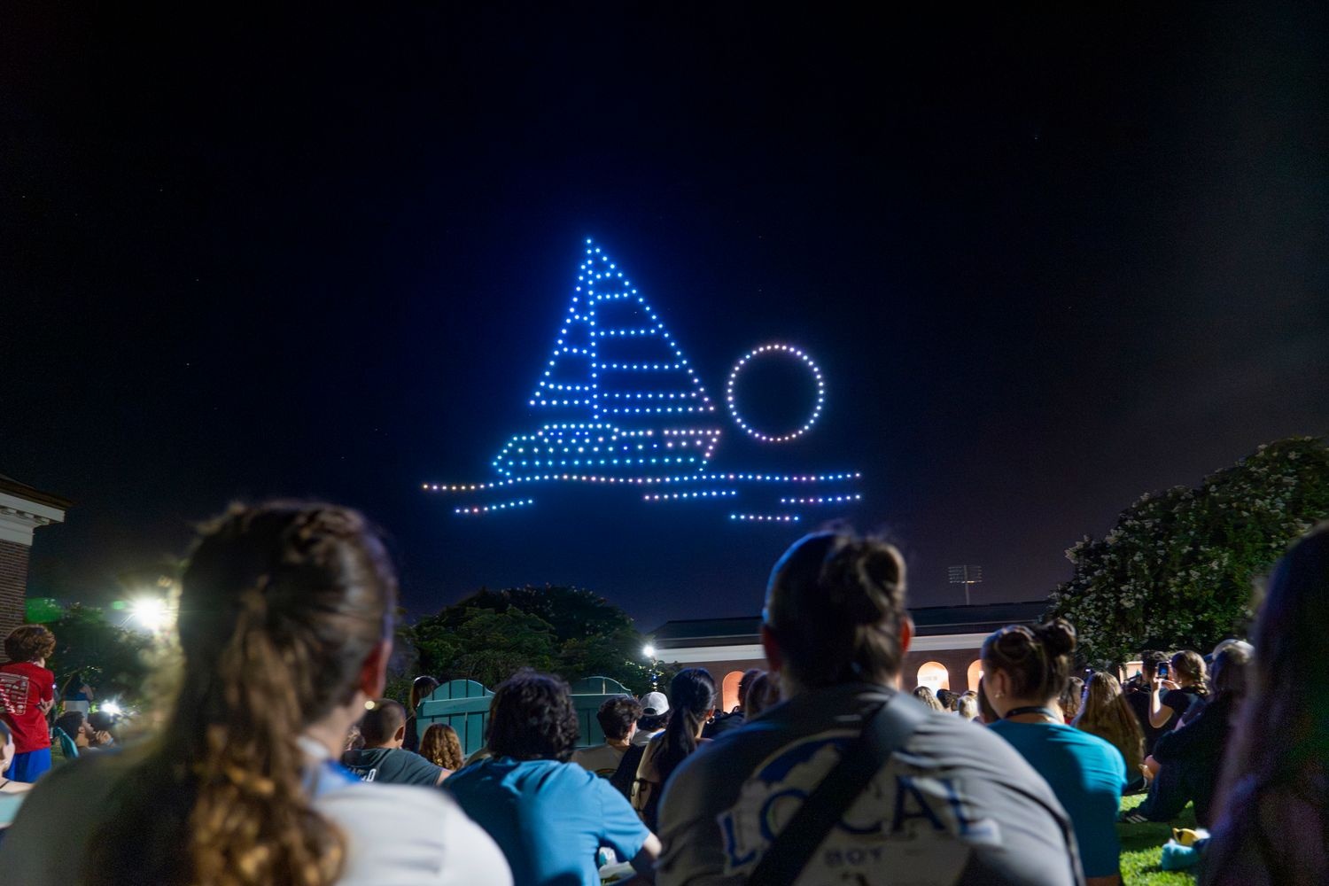 lighted drones create the sammy C. hawk mascot in the sky