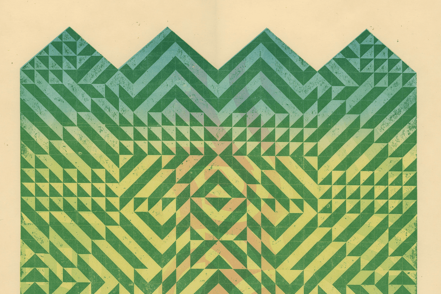 Taro Takizawa's piece Summer Heat Never Ends, depicting geometric patterns in green, yellow and blue