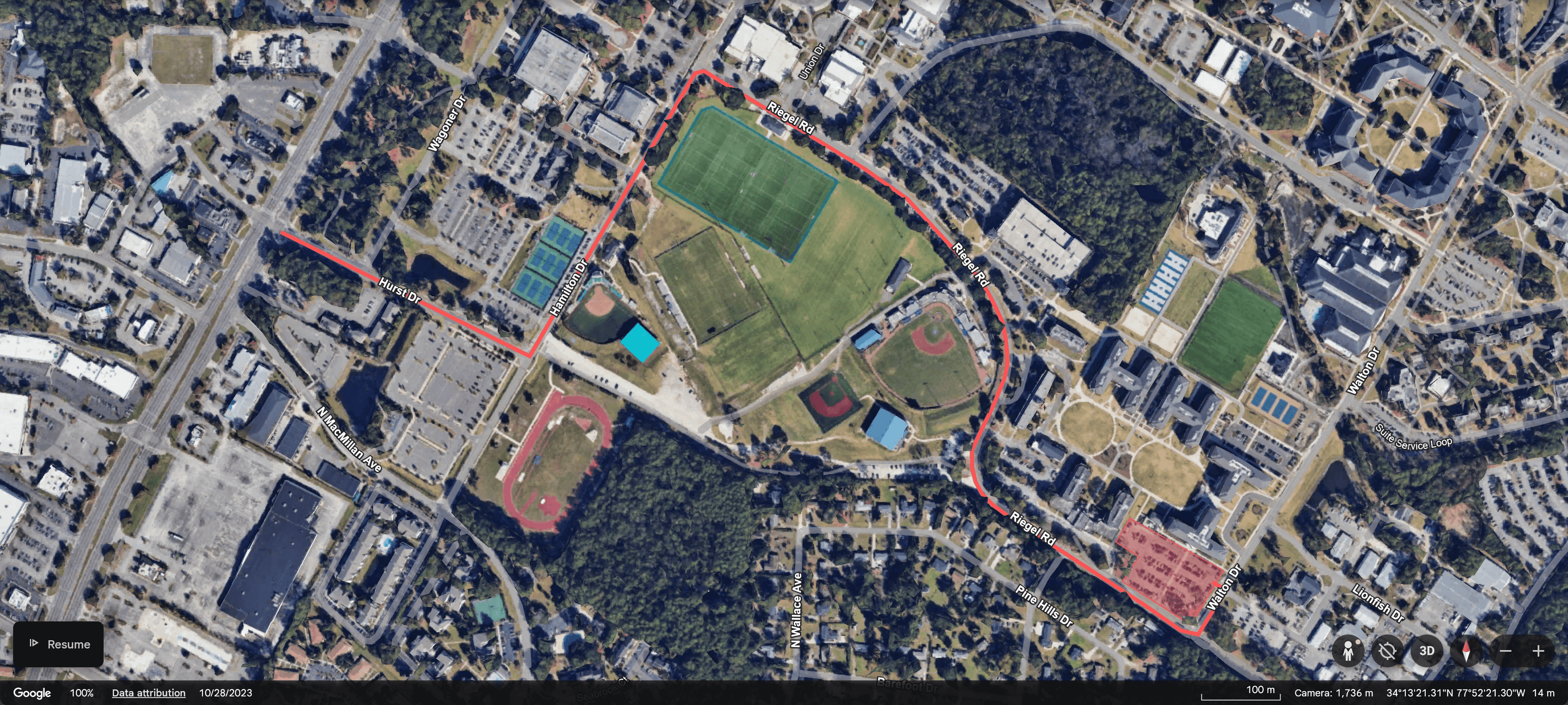 Map showing the Zone 3 route to Hewlett Lot