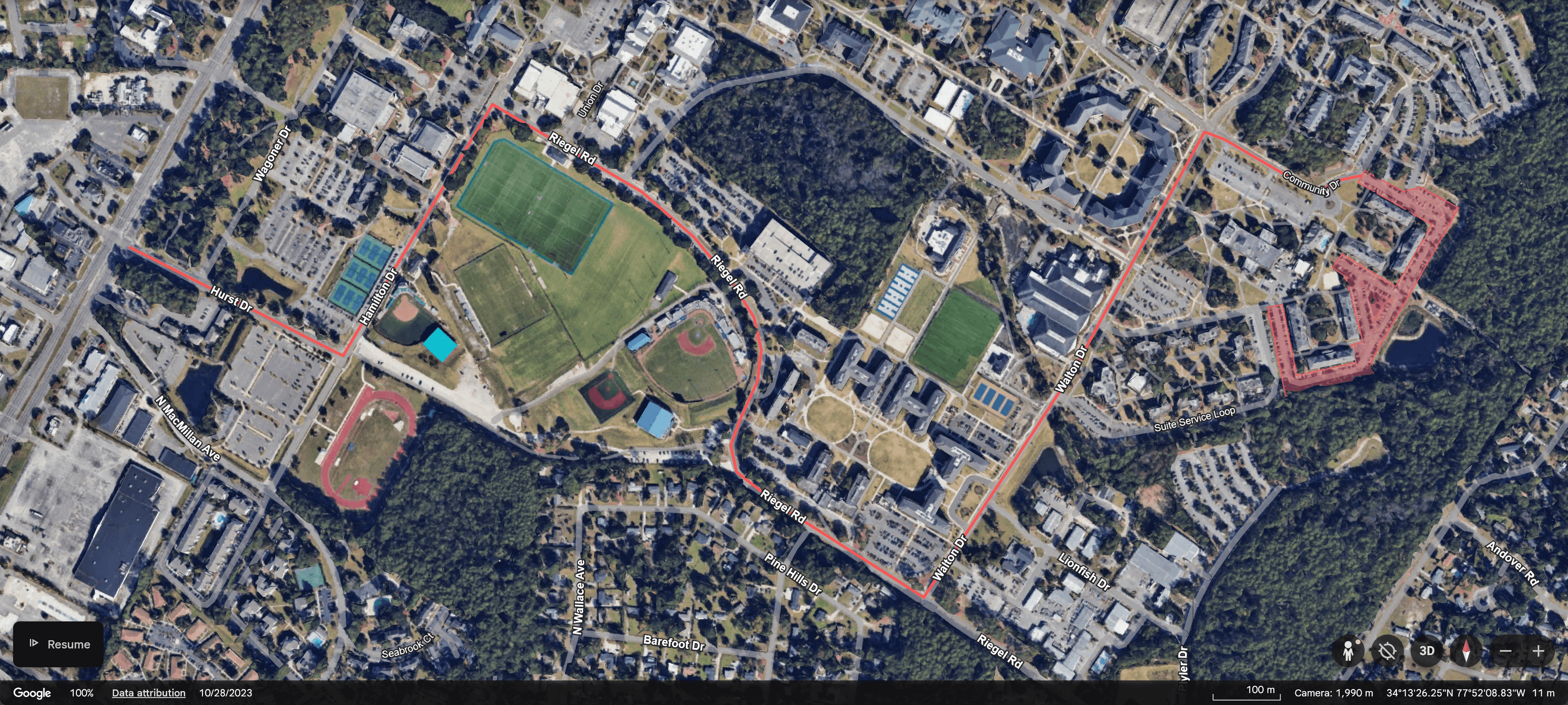 Map showing the Zone 8 route to Seahawk Village
