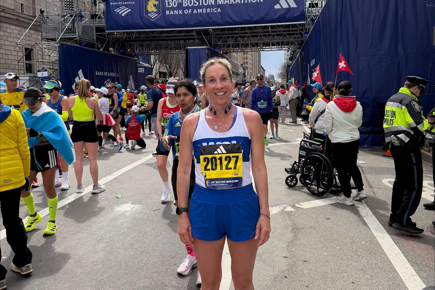 Francis Carter at the finish line of the Boston Marathon