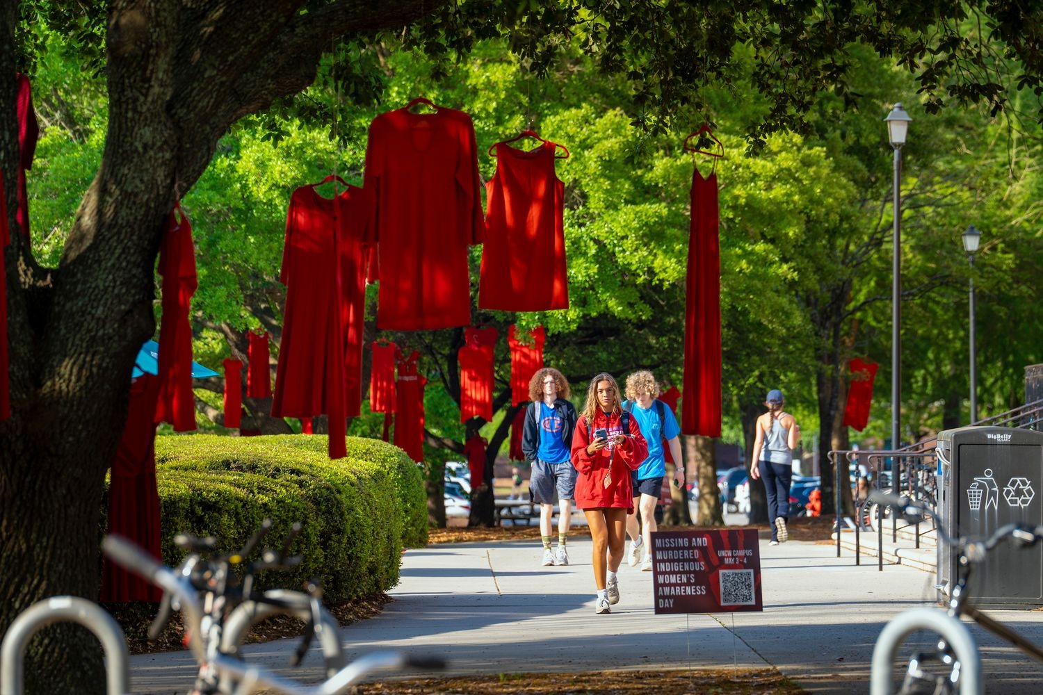 Red dresses hang in trees near Randall Library and UNCW's campus commons to help raise awareness about missing and murdered Indigenous women.  