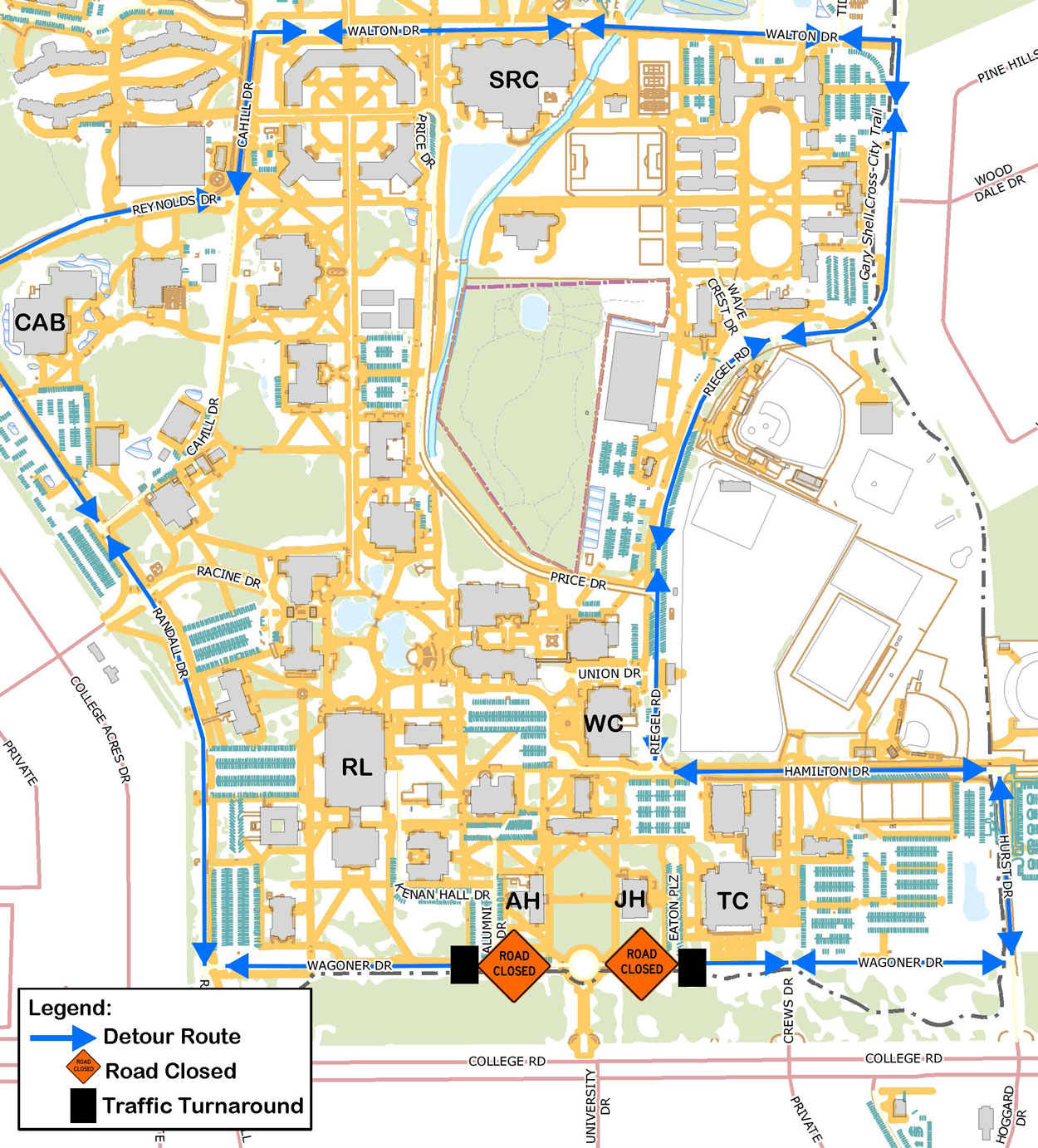 Wagoner drive is closed at the round-about. There are turn around points at alumni dr and eaton plz. 