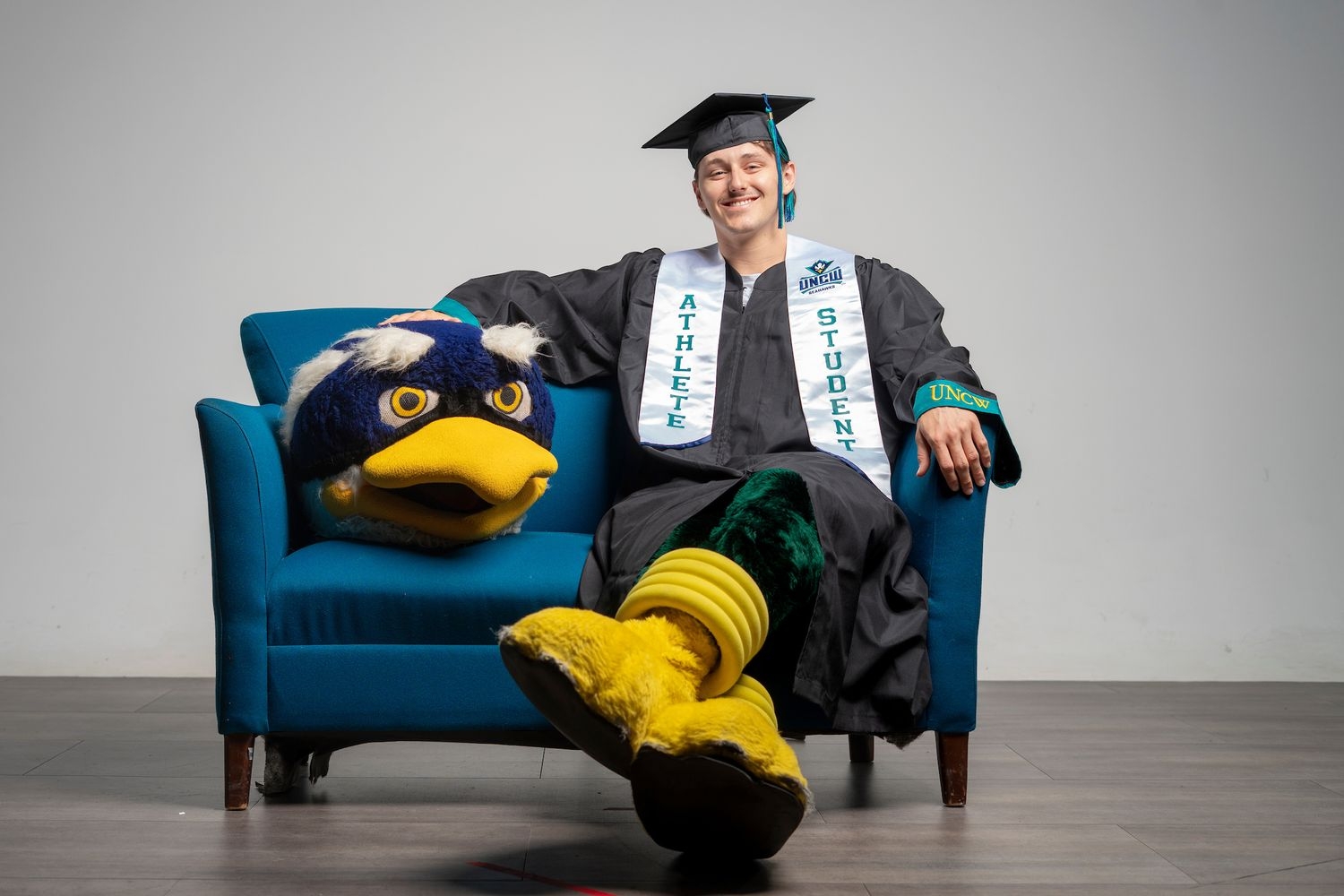 Aidan Duffy ’25 has been secretly spreading joy and excitement at events as the face behind UNCW’s beloved mascot, Sammy C. Hawk. 