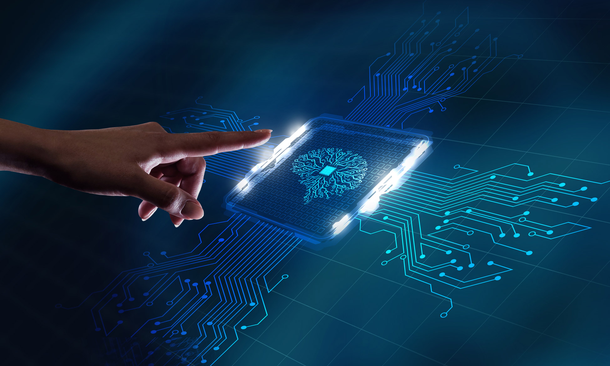 hand touching computer chip