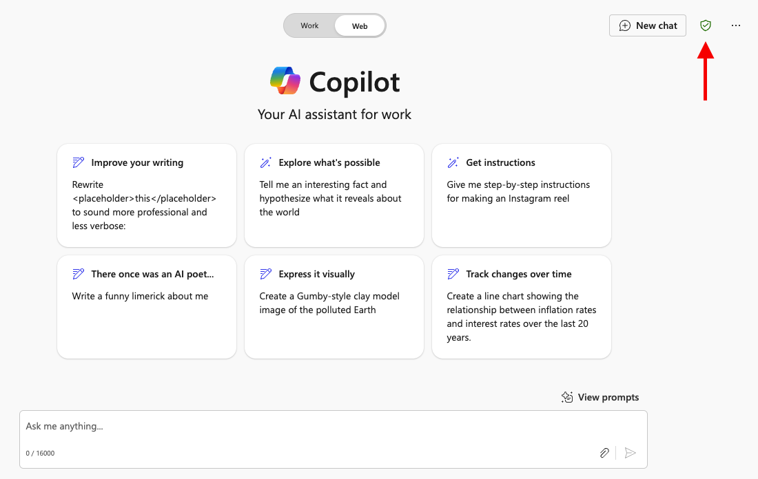 microsoft copilot example with indicators on protected in the top right hand corner and above the chat window showing you are using the protected version